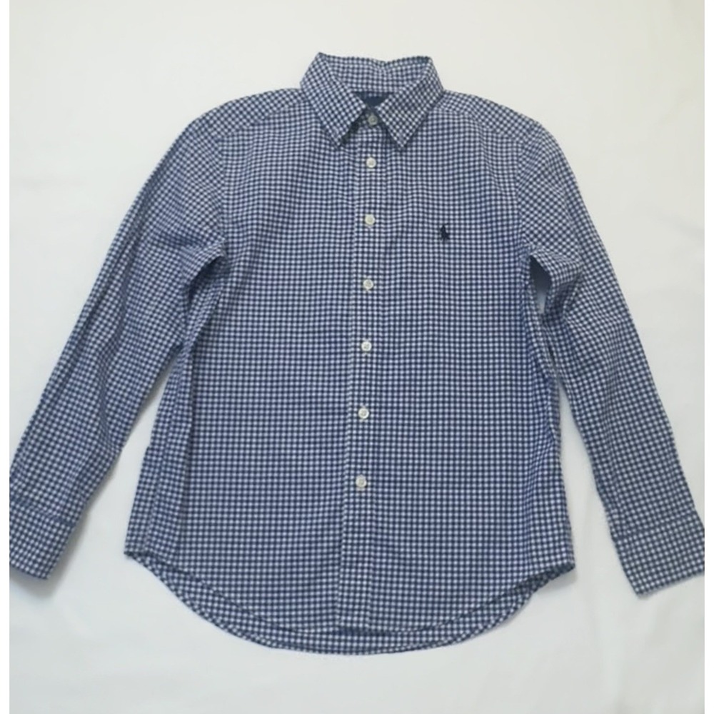 Ralph Lauren Boys Blue Gingham Button Shirt Natural Stretch Cotton Medium Preppy